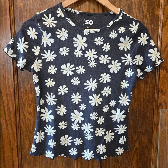 SO Daisy Print Short Sleeve Tee Ribbed MEDIUM - Picture 1 of 8